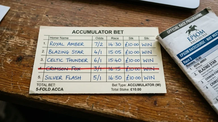 A paper betting slip showing a five-fold accumulator with five horse names listed in pen and one line crossed out neatly in red