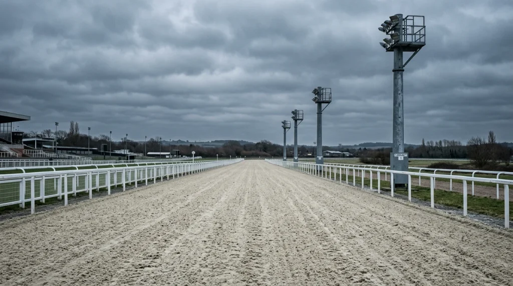 A wide view of a British all-weather racecourse with a synthetic-surface straight and floodlight pylons rising against an overcast winter sky