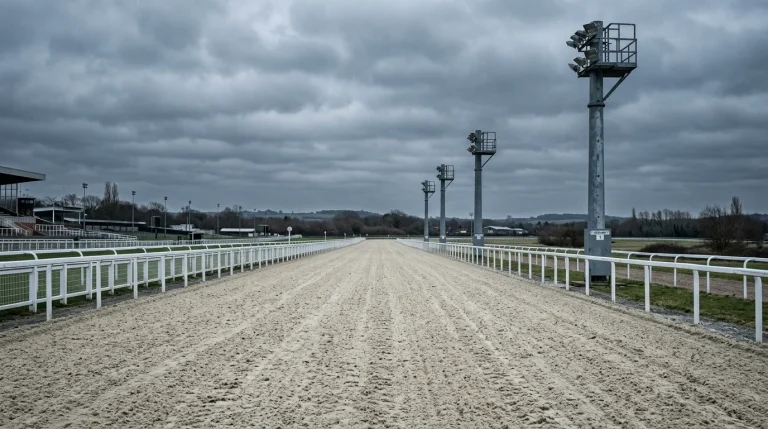 A wide view of a British all-weather racecourse with a synthetic-surface straight and floodlight pylons rising against an overcast winter sky