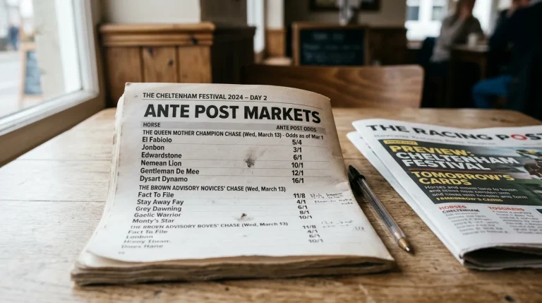 A racecard page showing the Cheltenham Festival logo and ante-post markets listed with horse names and fractional odds beside them