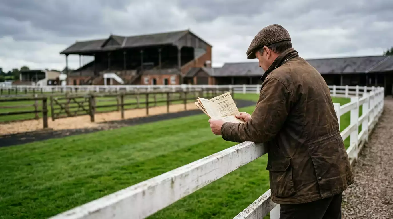Punter studying a printed racecard at the rail of a British racecourse