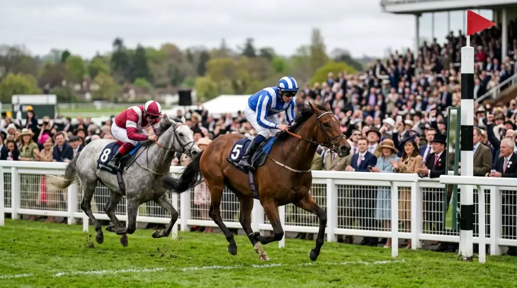 Racehorses thundering past the post at a British racecourse with the finish line in sharp focus