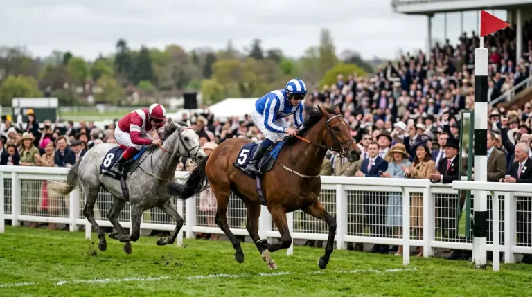 Racehorses thundering past the post at a British racecourse with the finish line in sharp focus