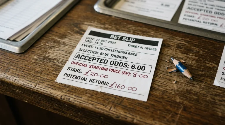 A paper betting slip showing the taken price 6.0 in black ink with the official starting price 8.0 written beneath it in red ink