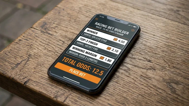 A smartphone screen displaying a generic bet-builder interface with three stacked selections inside a single race and a combined decimal price at the bottom