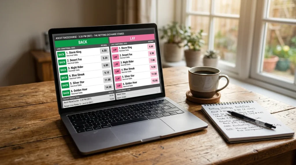 A laptop screen on a desk showing two side-by-side columns of horse racing odds, one column labelled BACK and the other labelled LAY, with a notebook beside it