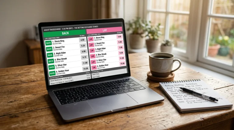 A laptop screen on a desk showing two side-by-side columns of horse racing odds, one column labelled BACK and the other labelled LAY, with a notebook beside it
