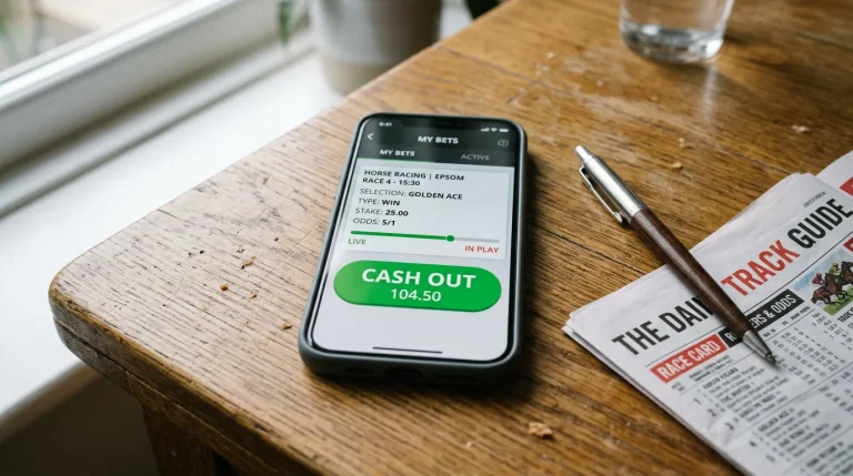 A smartphone screen on a wooden desk displaying a generic mobile betting app interface with a prominent green button labelled CASH OUT
