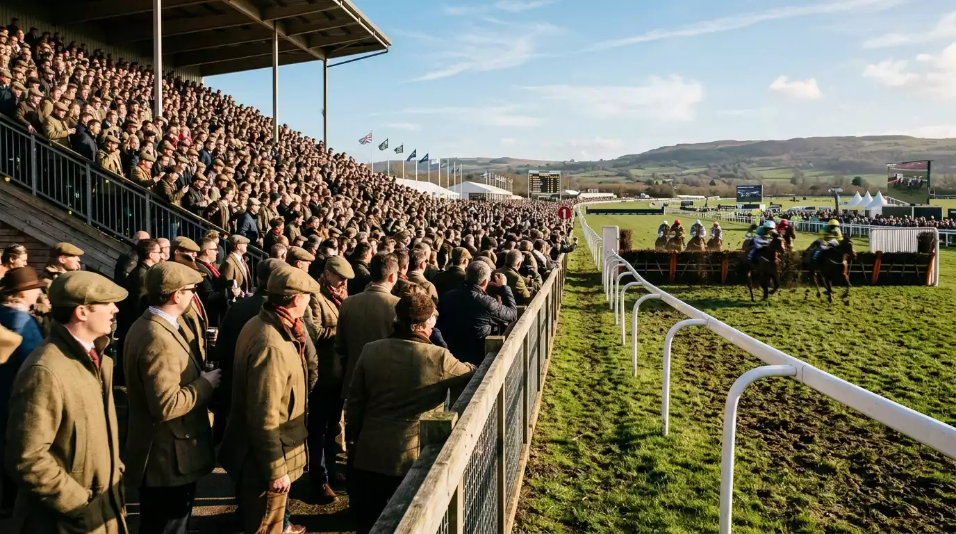 Cheltenham Festival grandstand crowd watching a jumps race finish