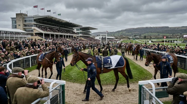 A British jumps racecourse on race day with the parade ring in the foreground and racegoers in winter coats lining the rail under grey skies