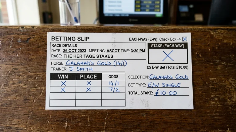 A paper betting slip on a counter clearly showing the each-way checkbox ticked, with the words WIN and PLACE printed beside two columns of odds