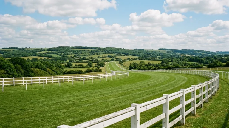 A wide view of the Epsom Downs-style Flat racecourse with the famous left-hand camber falling away through Tattenham Corner toward the straight