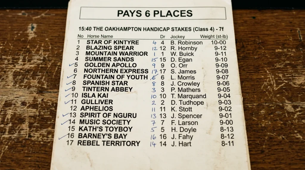 A paper racecard page for a handicap race showing a long list of runners and a printed note reading PAYS 6 PLACES at the top