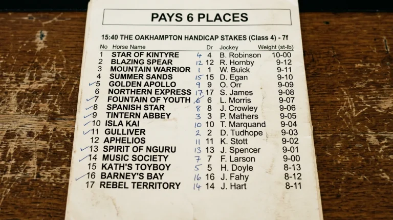 A paper racecard page for a handicap race showing a long list of runners and a printed note reading PAYS 6 PLACES at the top