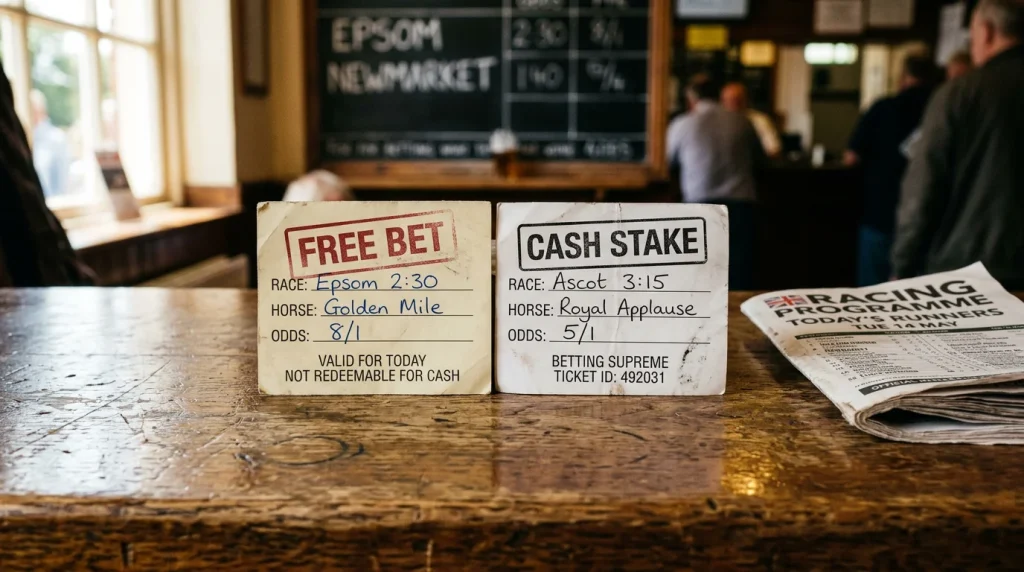 Two paper betting slips on a wooden bookmaker counter, one stamped FREE BET in red and one marked CASH STAKE in black, with a folded racecard beside them