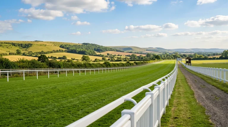 A wide view of the Goodwood-style downland Flat racecourse with rolling green Sussex hills behind a long straight of manicured turf and white rails