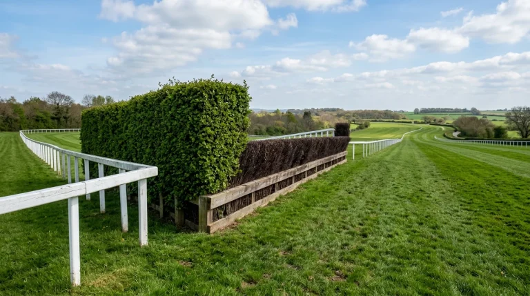 A wide view of Aintree-style steeplechase fences on a green turf course with white running rails, taken on a bright spring afternoon