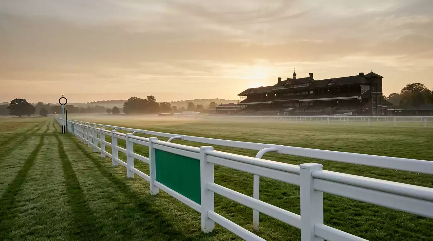 Racecourse rail and morning light over the Cheltenham parade ring