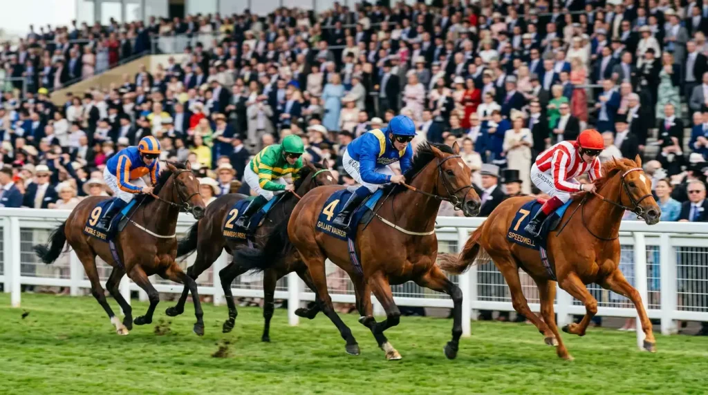 Packed grandstand at a major British racing festival with thoroughbreds galloping past the post
