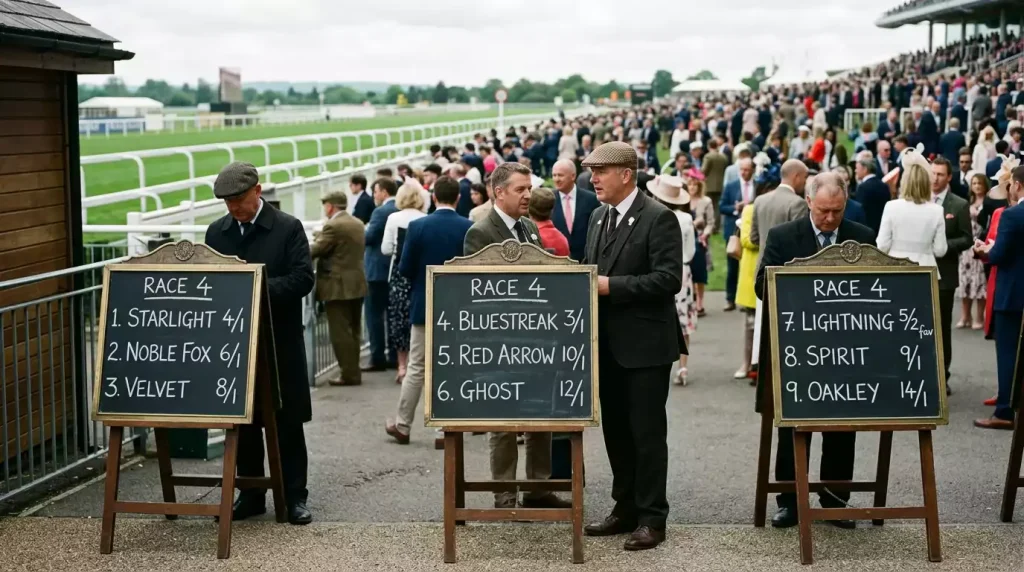 UK racecourse betting ring with bookmaker boards showing fluctuating racing odds