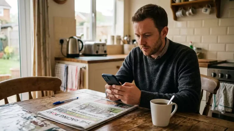 New punter signing up to a UK racing account on a smartphone at a kitchen table