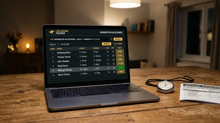 A laptop screen showing a live race tracker with a column of moving horse-name rows beside flashing decimal odds, taken from a side angle on a wooden desk