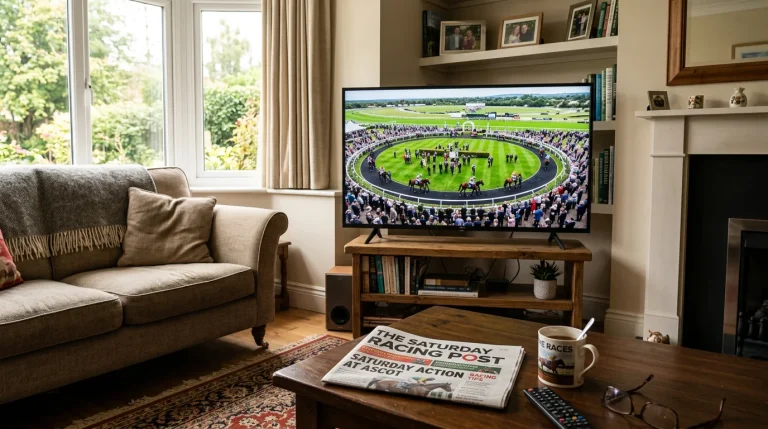 A British family living room on a Saturday afternoon with a television screen showing a racecourse from above and a folded newspaper on the coffee table