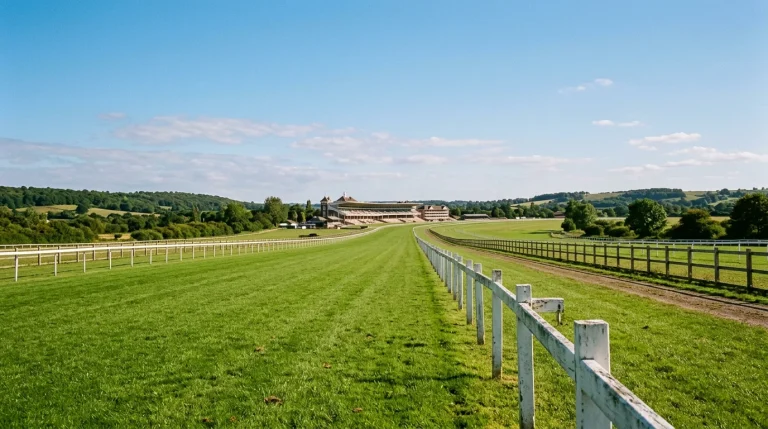 A wide view of an Ascot-style Flat racecourse on a bright midsummer afternoon with the imposing curve of a grandstand visible beyond a long turf straight