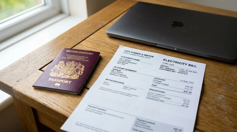 A UK passport and a printed utility bill placed neatly on a wooden desk beside a laptop showing a generic account verification screen