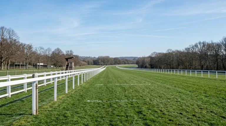 A wide view of a British Flat racecourse straight in early spring with bare trees in the background and a cold blue sky above manicured turf and white rails