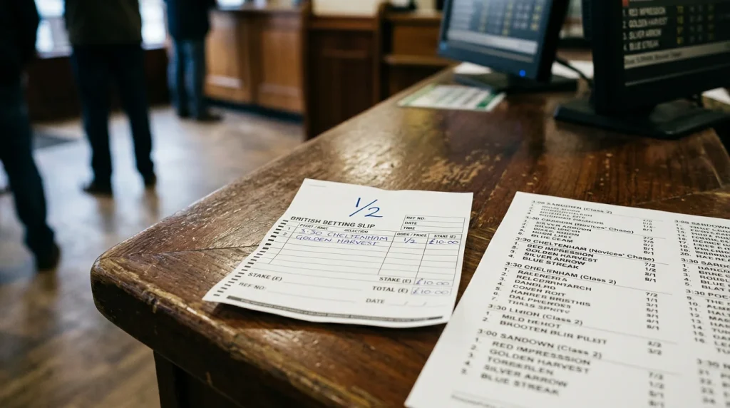 A paper betting slip on a counter with the fraction 1/2 written clearly in pen at the top, beside a printed page of horse racing odds