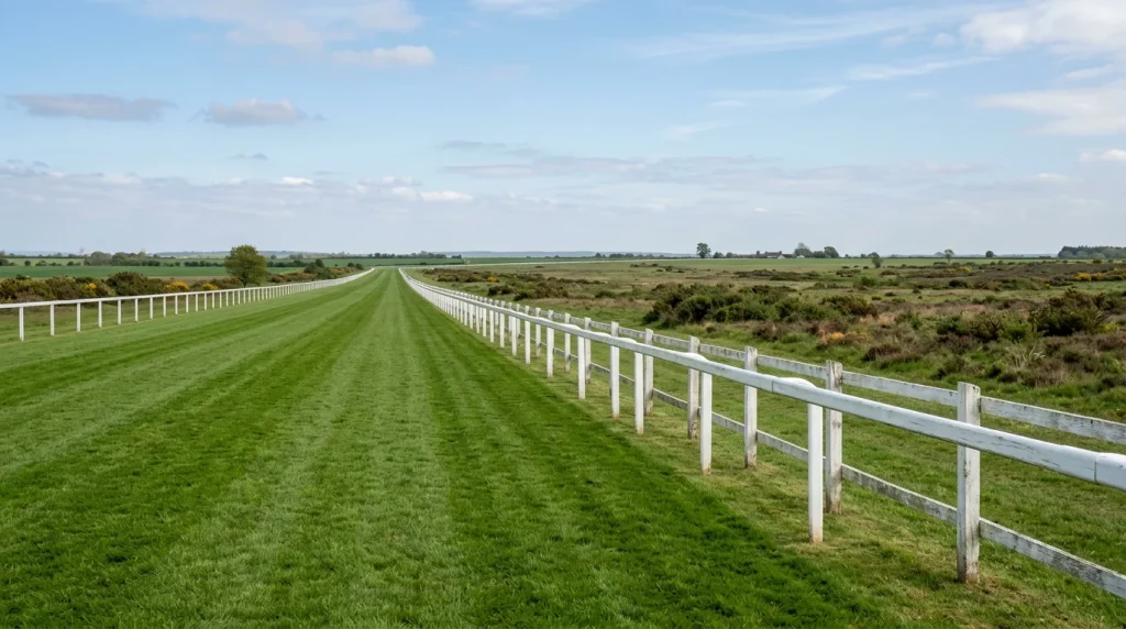 A wide view of a Newmarket-style Flat racecourse in early May with a vast straight of manicured turf stretching across open Suffolk heathland