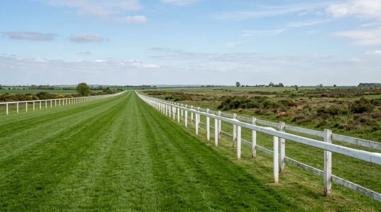 A wide view of a Newmarket-style Flat racecourse in early May with a vast straight of manicured turf stretching across open Suffolk heathland