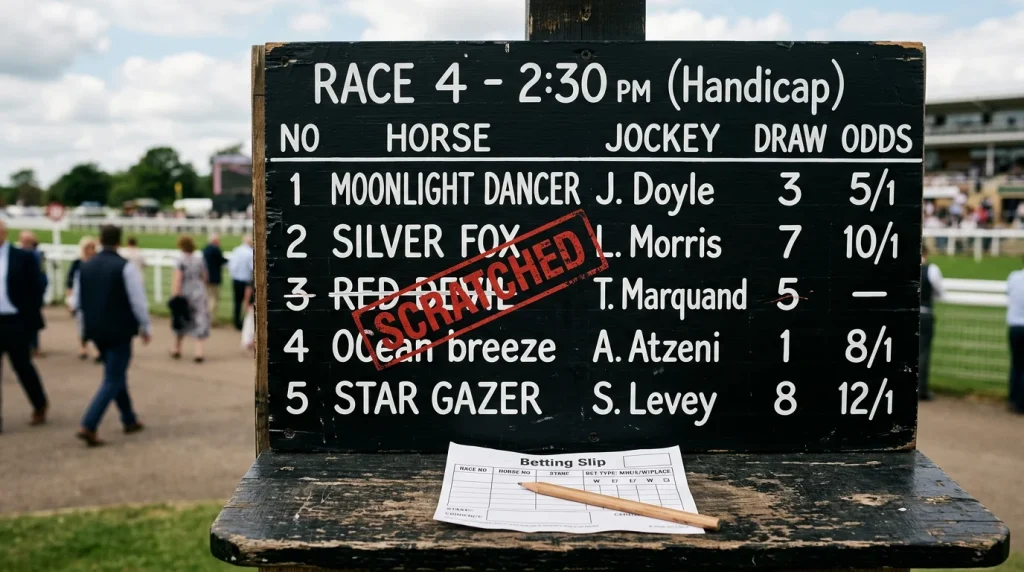A racecourse declarations board listing horse names with the word SCRATCHED stamped diagonally across one entry, with a betting slip beside it