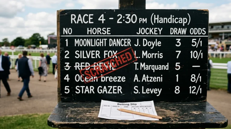 A racecourse declarations board listing horse names with the word SCRATCHED stamped diagonally across one entry, with a betting slip beside it