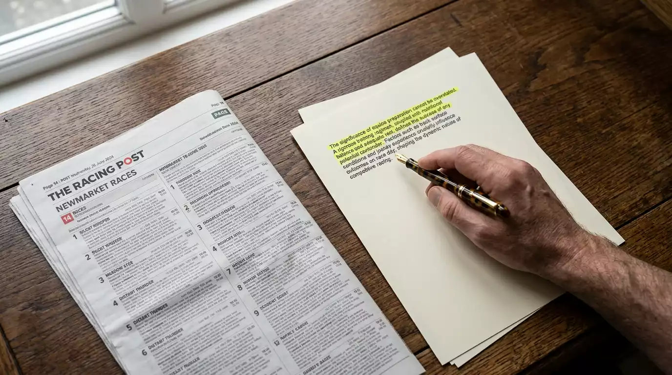 Hand annotating a printed promotion terms sheet next to a Racing Post