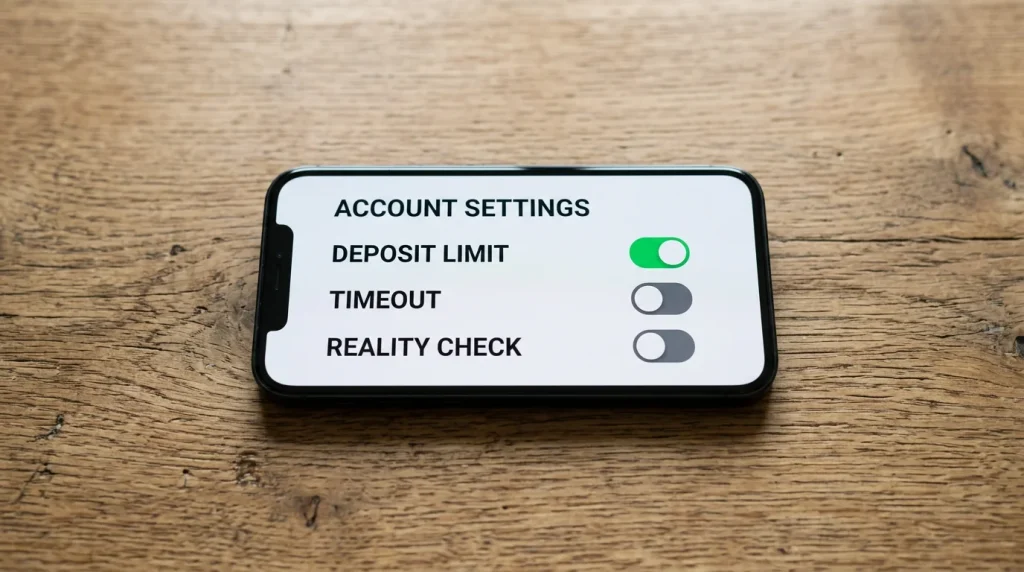 A smartphone screen on a wooden desk showing a generic account settings panel with toggles labelled DEPOSIT LIMIT, TIME OUT and REALITY CHECK