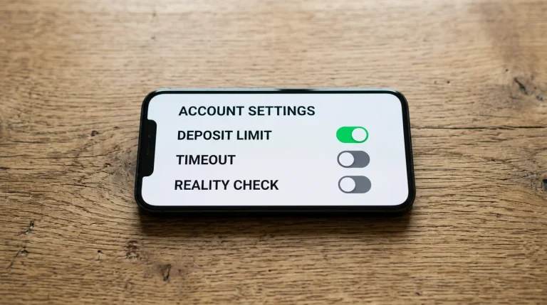 A smartphone screen on a wooden desk showing a generic account settings panel with toggles labelled DEPOSIT LIMIT, TIME OUT and REALITY CHECK