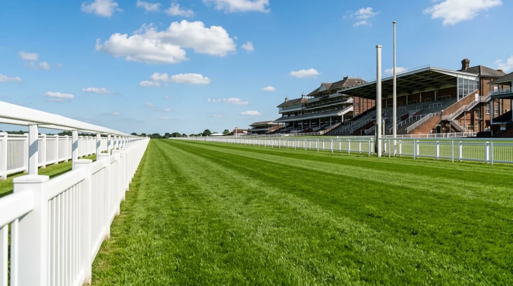 A wide view of a green Flat racecourse straight on a bright summer afternoon with manicured grass and white running rails curving into the distance