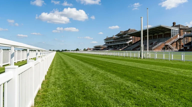 A wide view of a green Flat racecourse straight on a bright summer afternoon with manicured grass and white running rails curving into the distance