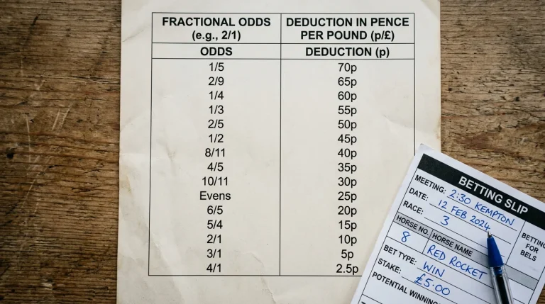 A printed deduction table page showing a column of withdrawn-horse prices beside a column of pence-in-the-pound deductions, with a betting slip resting on top