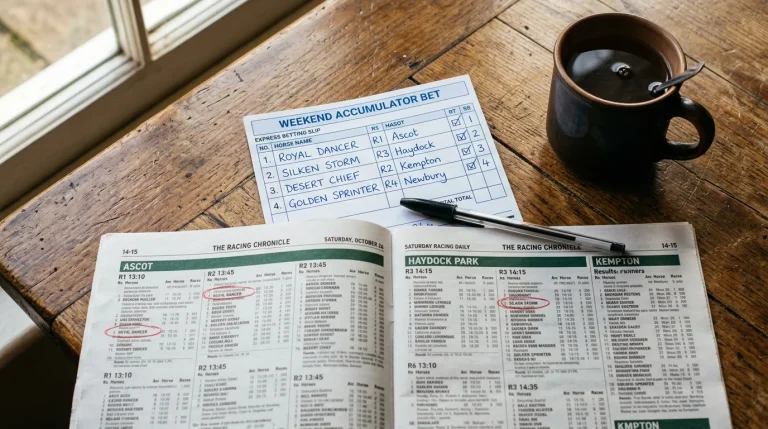 A paper accumulator betting slip on a wooden table beside a Saturday racing newspaper open to a card with multiple meetings marked in pen