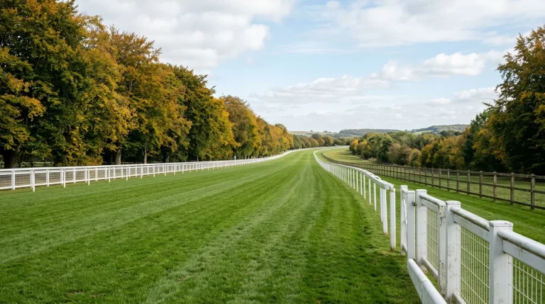 A wide view of a Doncaster-style Flat racecourse straight in early autumn with golden-tinted trees behind manicured turf and white running rails