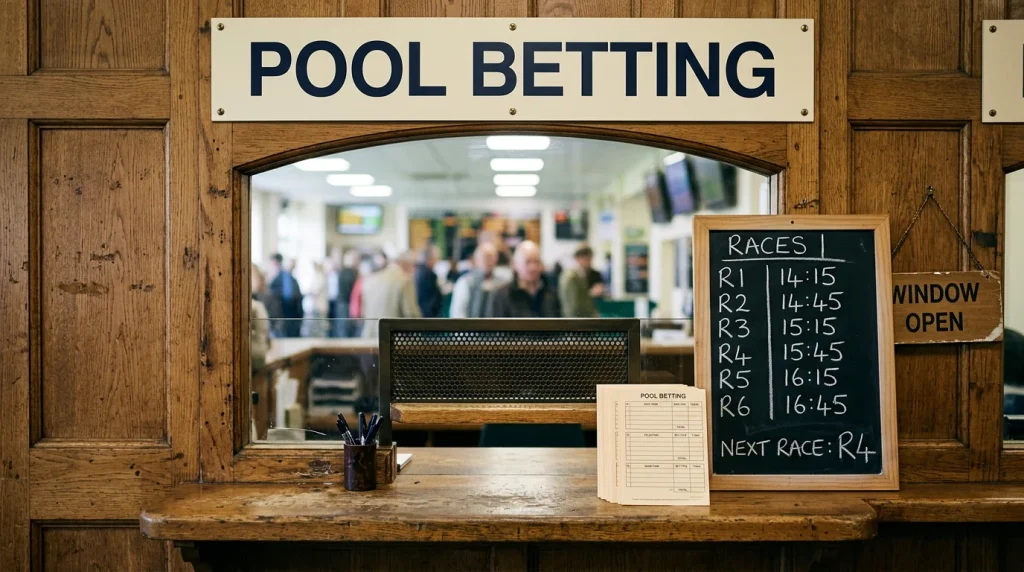 A wide view of a Tote-style pool-betting kiosk window inside a racecourse betting hall, with printed slips and a chalkboard listing six numbered races