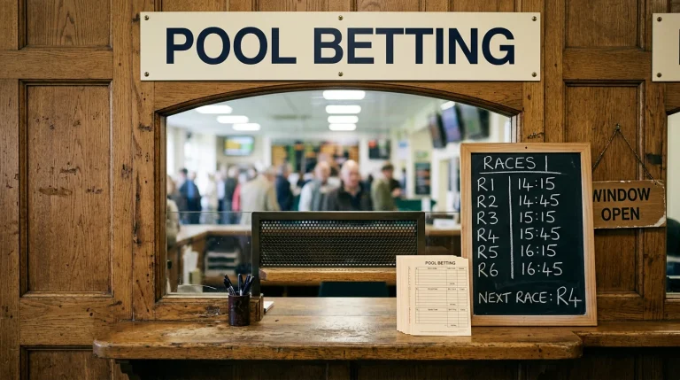 A wide view of a Tote-style pool-betting kiosk window inside a racecourse betting hall, with printed slips and a chalkboard listing six numbered races
