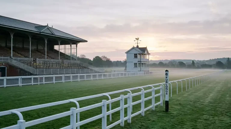 Wide view of an empty British racecourse at dawn with rails and an empty stewards' box
