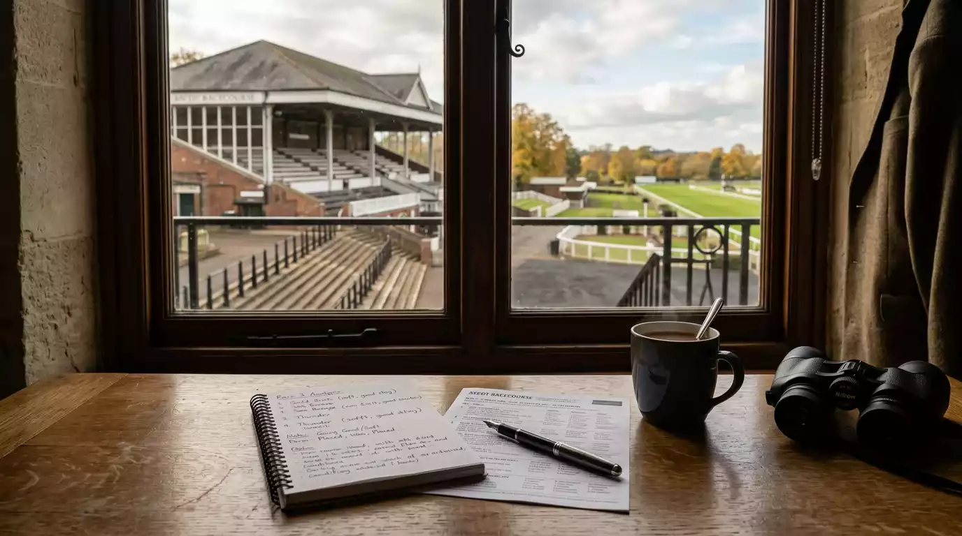 Analyst's desk overlooking a British racecourse grandstand in autumn light