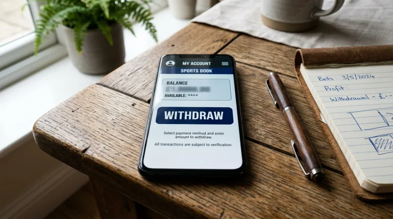 A smartphone screen on a wooden desk showing a generic account interface with a button labelled WITHDRAW prominently displayed in the centre