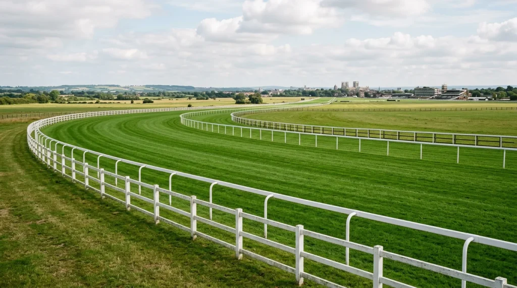 A wide view of the York-style Knavesmire Flat racecourse with a long sweeping turn, white running rails and the distinctive flat plains of the Vale of York behind