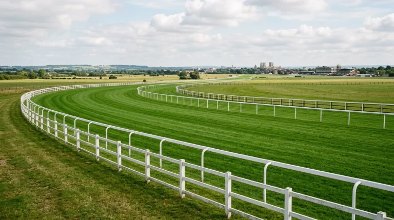 A wide view of the York-style Knavesmire Flat racecourse with a long sweeping turn, white running rails and the distinctive flat plains of the Vale of York behind